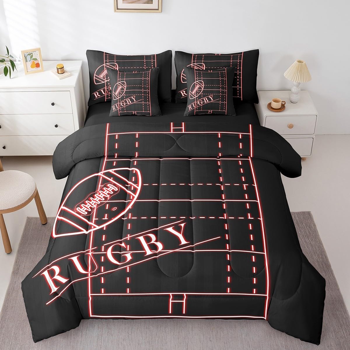 Football Queen Comforter Set 7Pcsfor Boys Sport Bedding Comforter Sets, Rainbow Neon Light Bed in a Bag Gradient Soccer Field Bedding Set, Ball Gaming Bed Sheets Set Yellow Pink (Black Reversible)