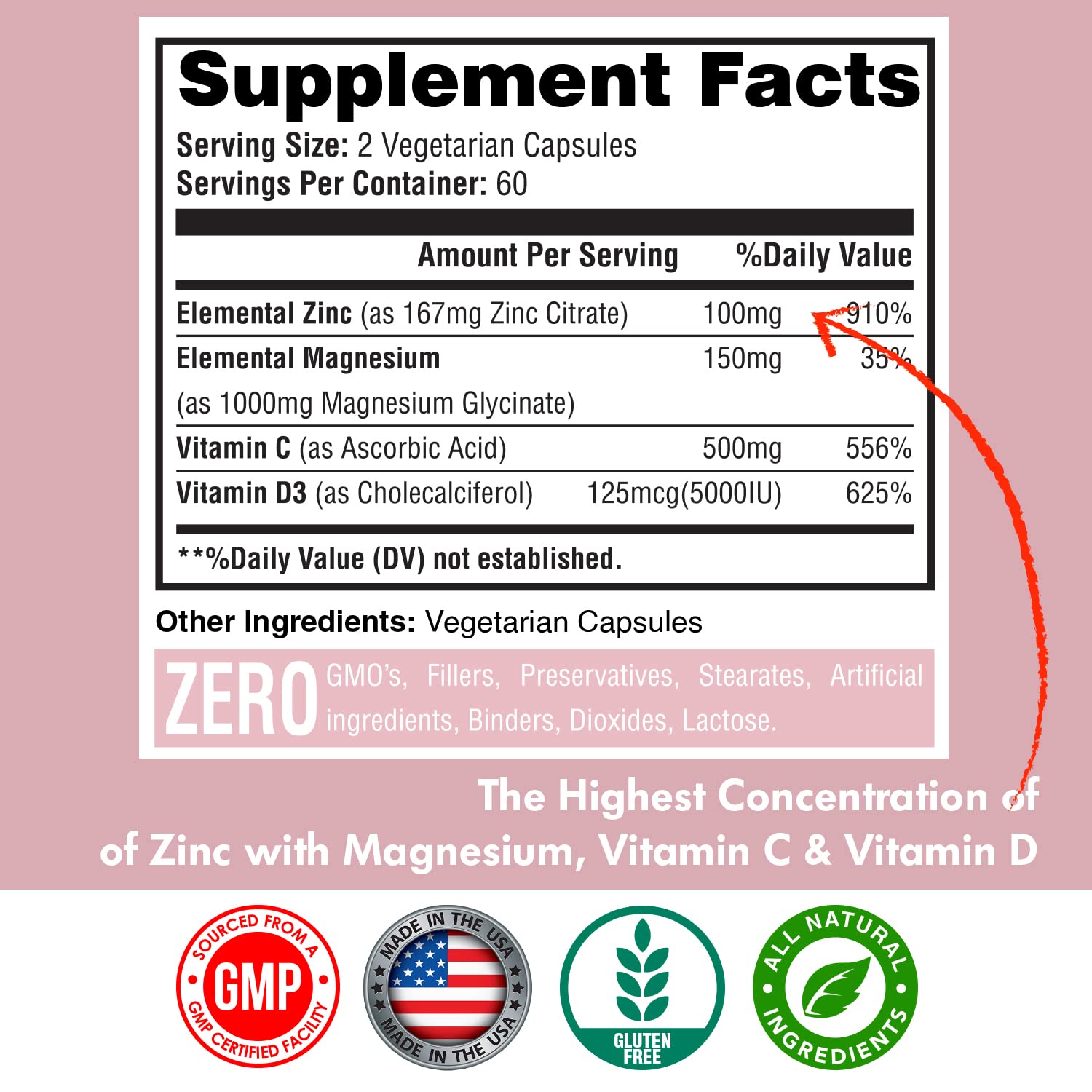 Zinc, Zinc 100mg, Magnesium Glycinate 150mg, Vitamin D3 5000 IU