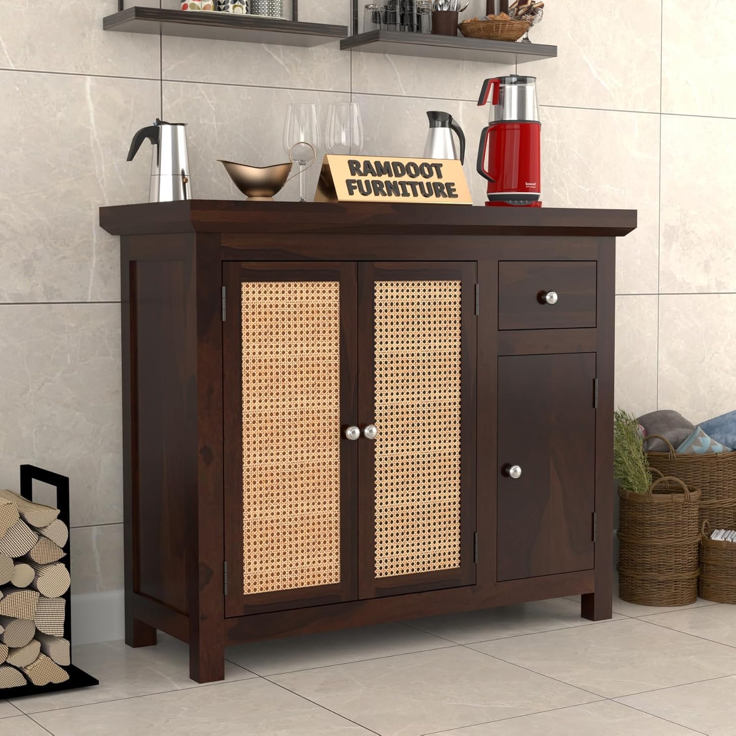 Small Crockery Display Cabinet for Living Room | Sheesham Wood Sideboard for Drawing Room | Wooden Kitchen Storage with Glass Door Drawer and Cabinet | Hallway Furniture Walnut Finish (B-Walnut)-image-33
