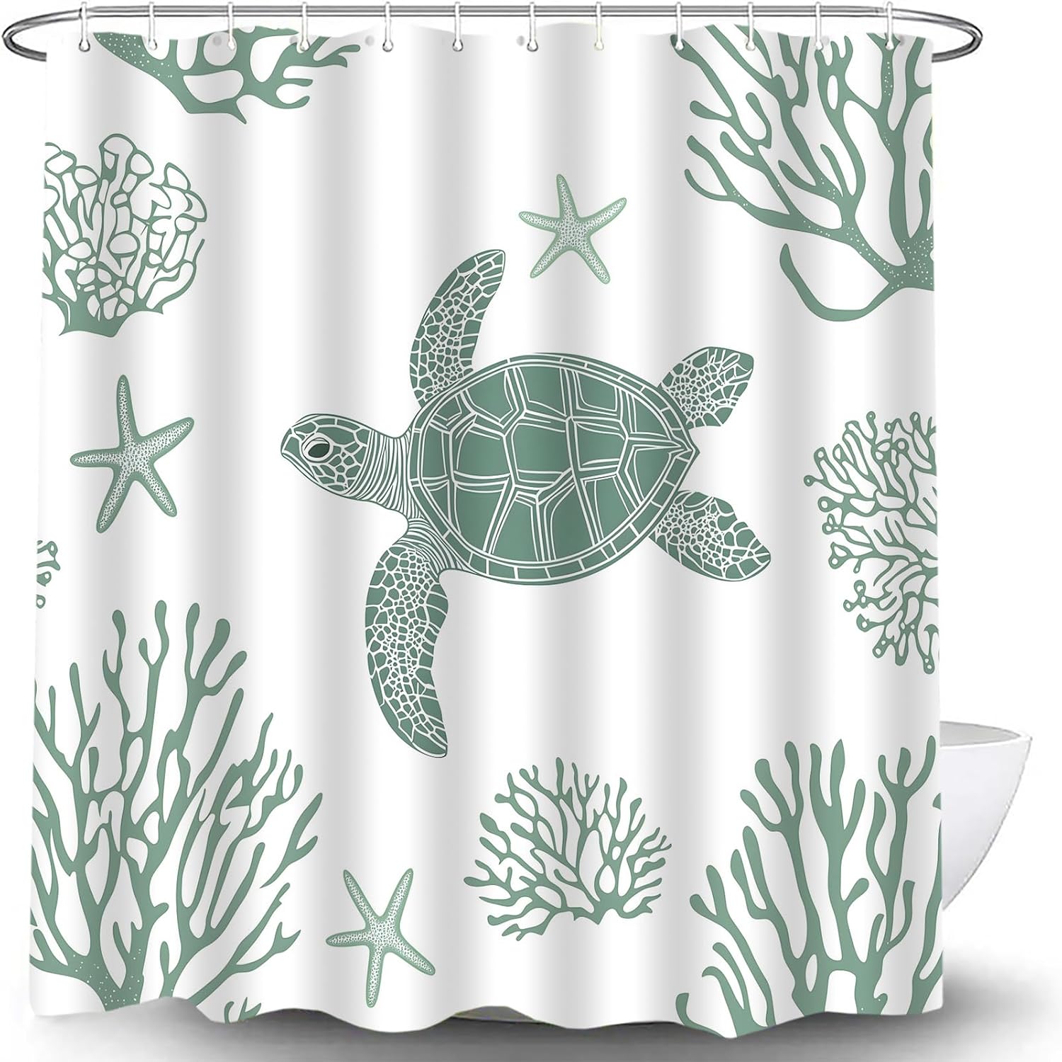 Sage Green Sea Turtle Shower Curtain Coral Starfish, 70×70 Inch