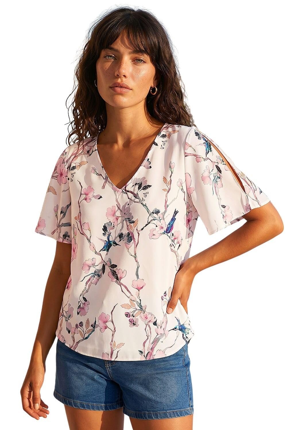 Roman Floral Angel Sleeve V-Neck Top - Ivory - Size 20