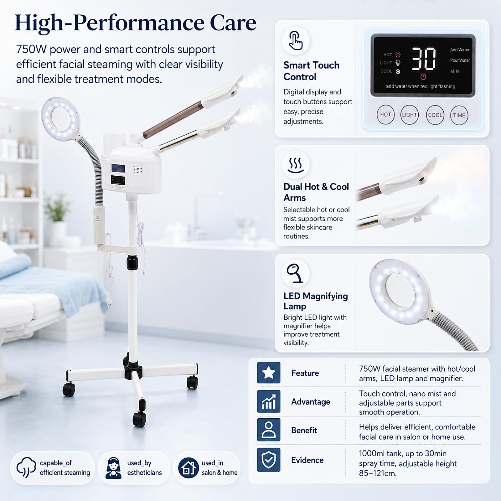 3 In 1 Gesichtsdampfer 750W Bedampfer Kosmetik mit Heißer/Kalter Düse Höhenverstellbar Gesichtssauna mit LED Lupenlampen und Intelligenter Touchscreen Porenreiniger Dampf Spa Maschine