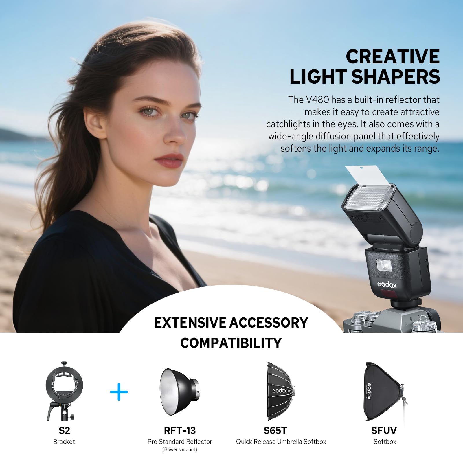 Godox V480O Flash TTL Olympus Panasonic 2.4G HSS 1/8000s pantalla táctil 2.0" | GN50 Speedlite, USB-C Charge, 650 luces de pleno poder, tiempo de carga de 1.7s, lámpara piloto de 10 niveles