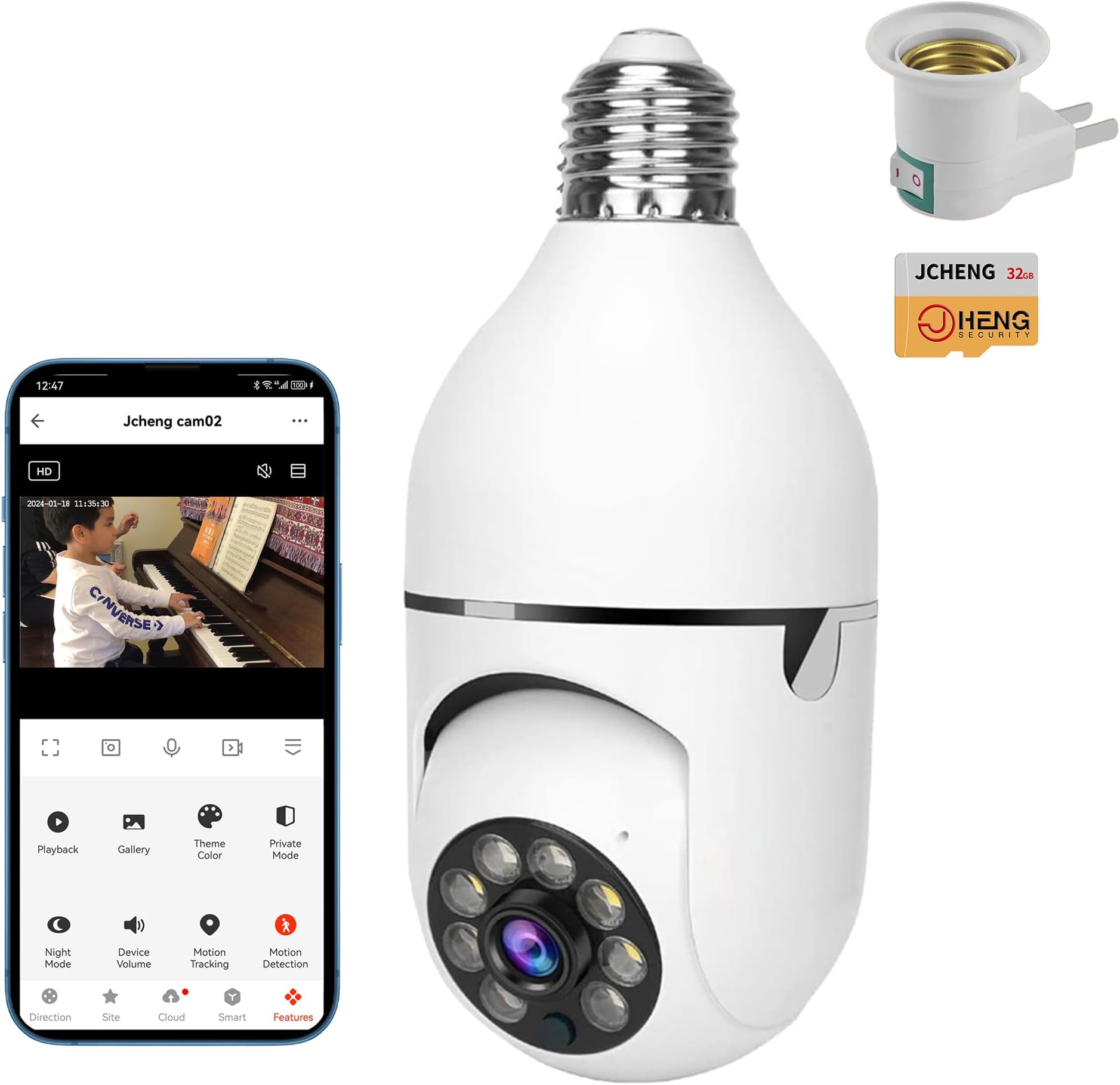 JCHENG Light Bulb Security Camera | 4MP 355° Rotating Guard | Compatible with Alexa, Google Assistant, TUYA, Smart Life APP | Motion Detection,SD Card Included