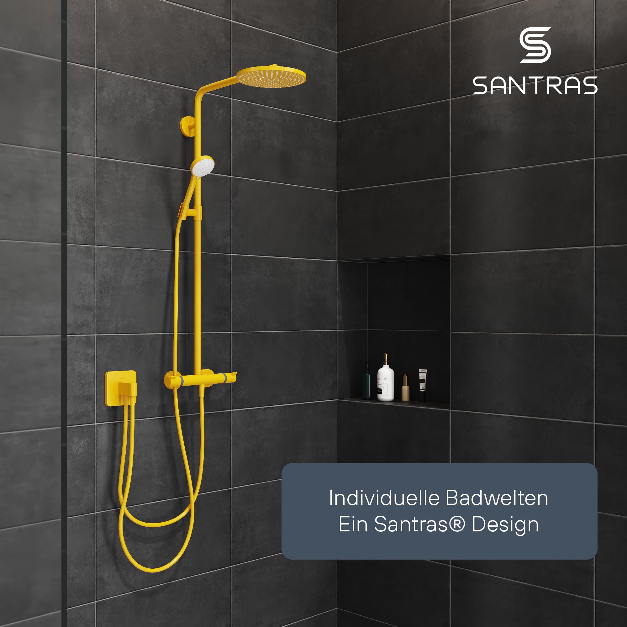 SANTRAS® Alcachofa de Ducha Amarillo (RAL 1004) 3 Funciones – cabezal ducha con ahorro de agua y limitador de caudal | ducha de mano universal para baño y bañera