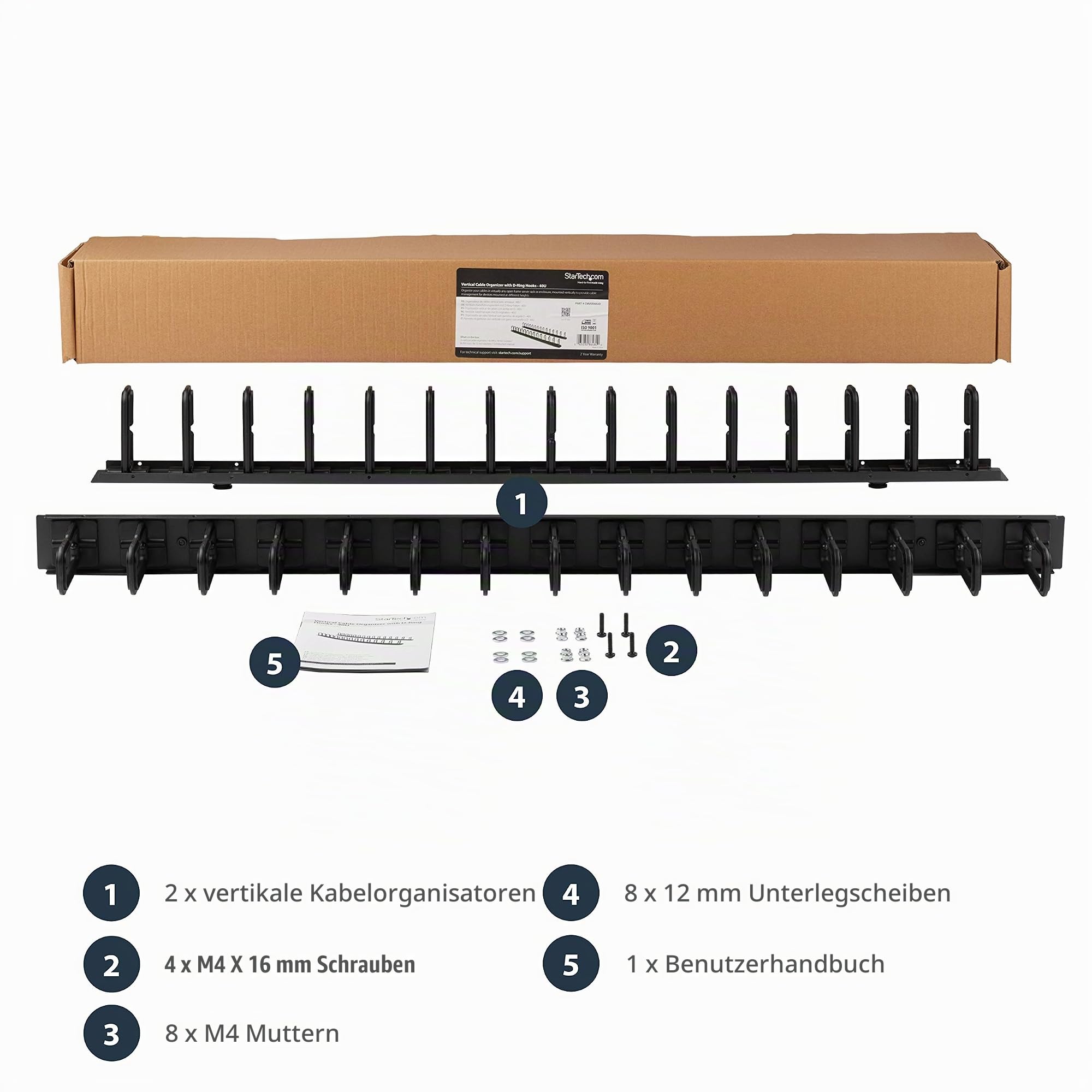 StarTech.com Vertikales Server-Rack-Kabelmanagement - 40U Ringe für Vertikales Kabelmanagement - Kabelführungsblende - Kabelführungssystem - Netzwerk-Rack-Kabelmanagement (CMVER40UD) | Kabelorganizer, Netzwerkschränke, 30 D-Ringe, strukturierte Verkabelun