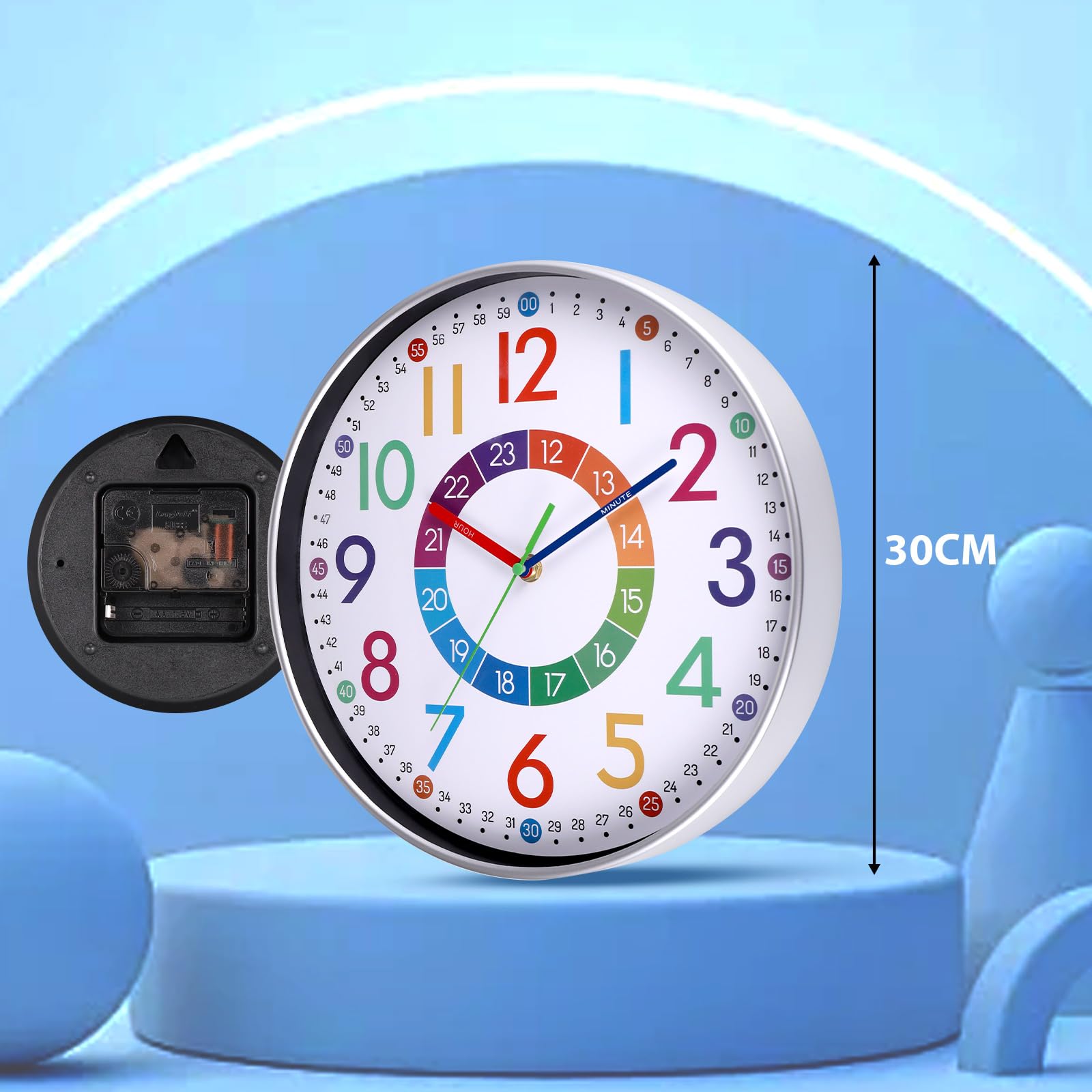 RANJIMA Orologio da parete per bambini, senza ticchettio, 30 cm, per bambini, funzionamento a batteria, colorato, orologio da parete per bambini, orologio da parete, per cameretta dei bambini