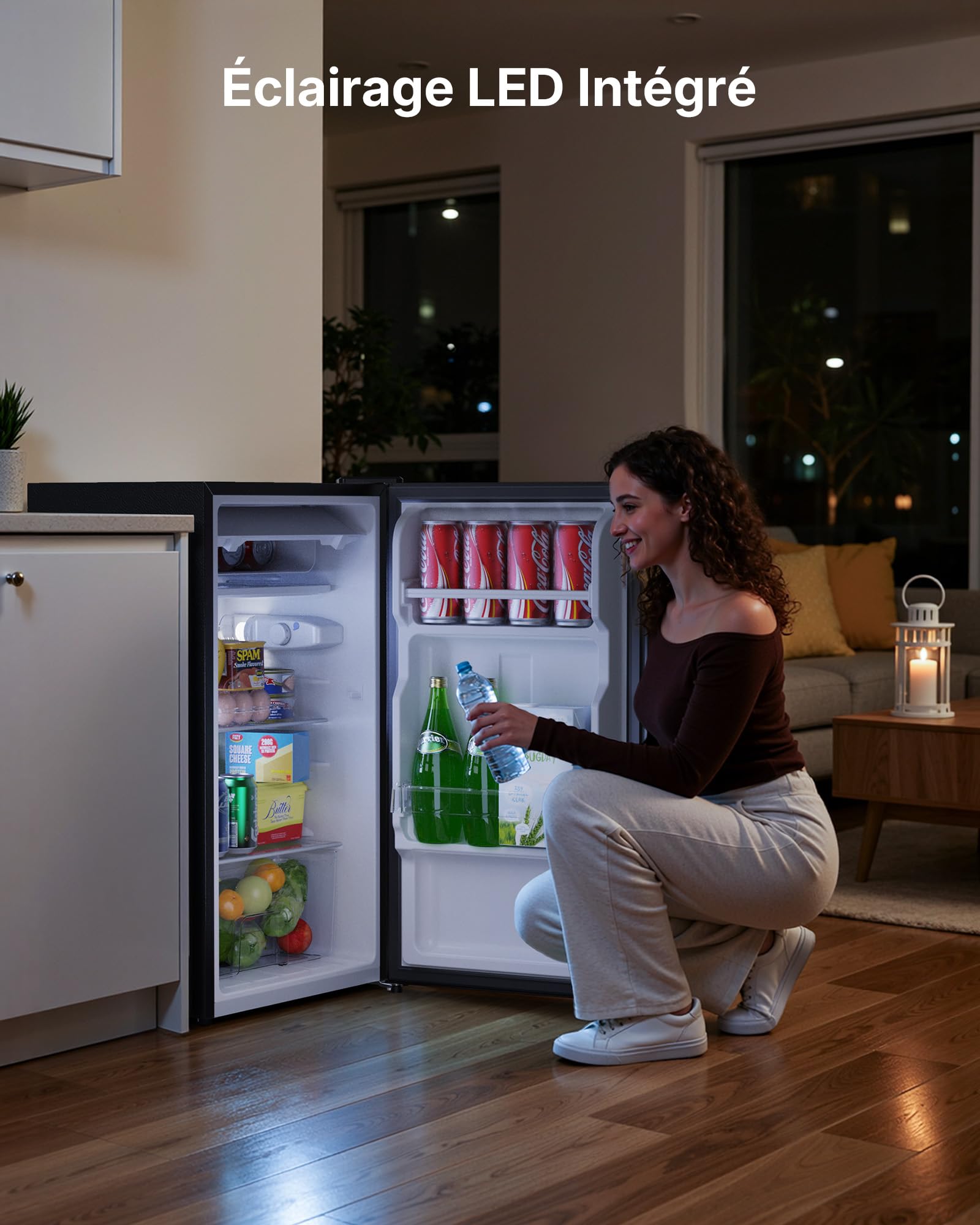 Upstreman CR85 Petit Frigo 85 Litres, Éclairage Intérieur, Thermostat Réglable, Bac à Légumes, Silencieux, Porte Réversible, Noir
