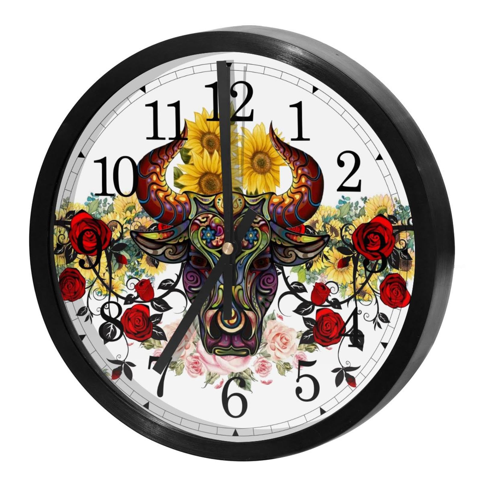Horloge murale silencieuse à quartz ronde à piles motif tournesol rose taureau