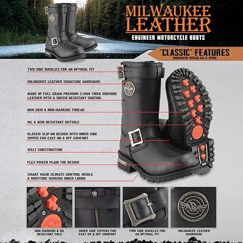 Miniatura 2 de Milwaukee Leather MBM9020 - Botas de cuero para motocicleta de ingeniero clásico de 11 pulgadas, color negro