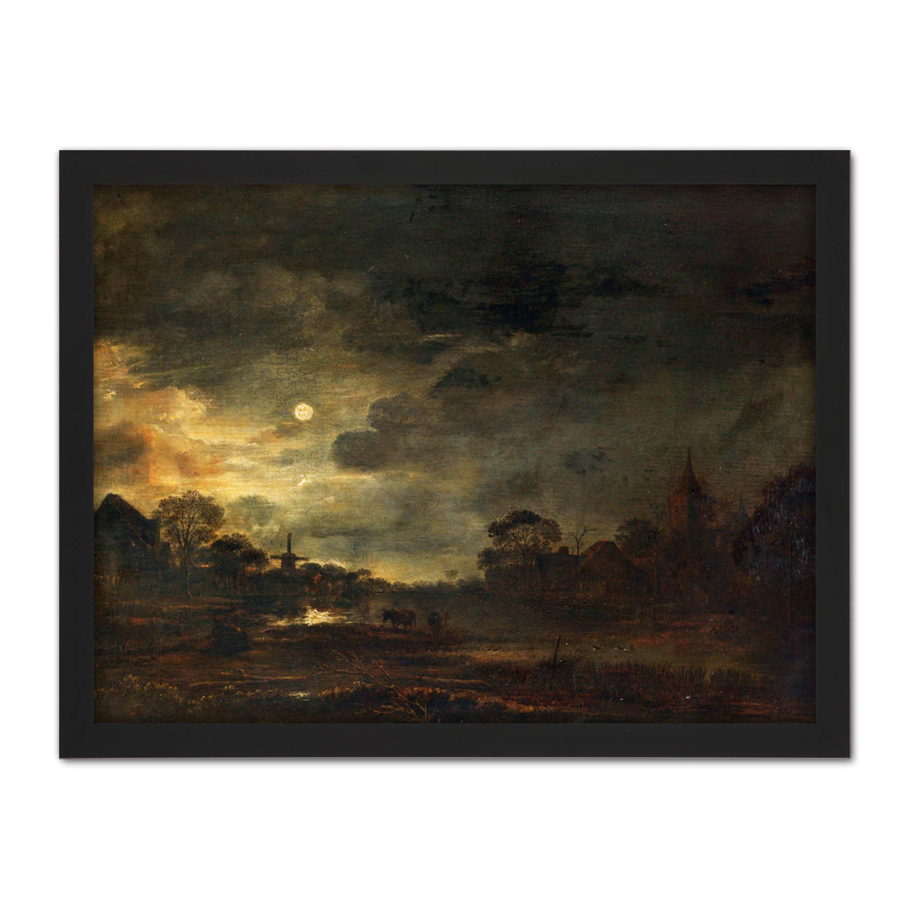 Artery8 Aert Van Der Neer Landscape By Moonlight Painting Artwork Framed Wall Art Print 18X24 Inch