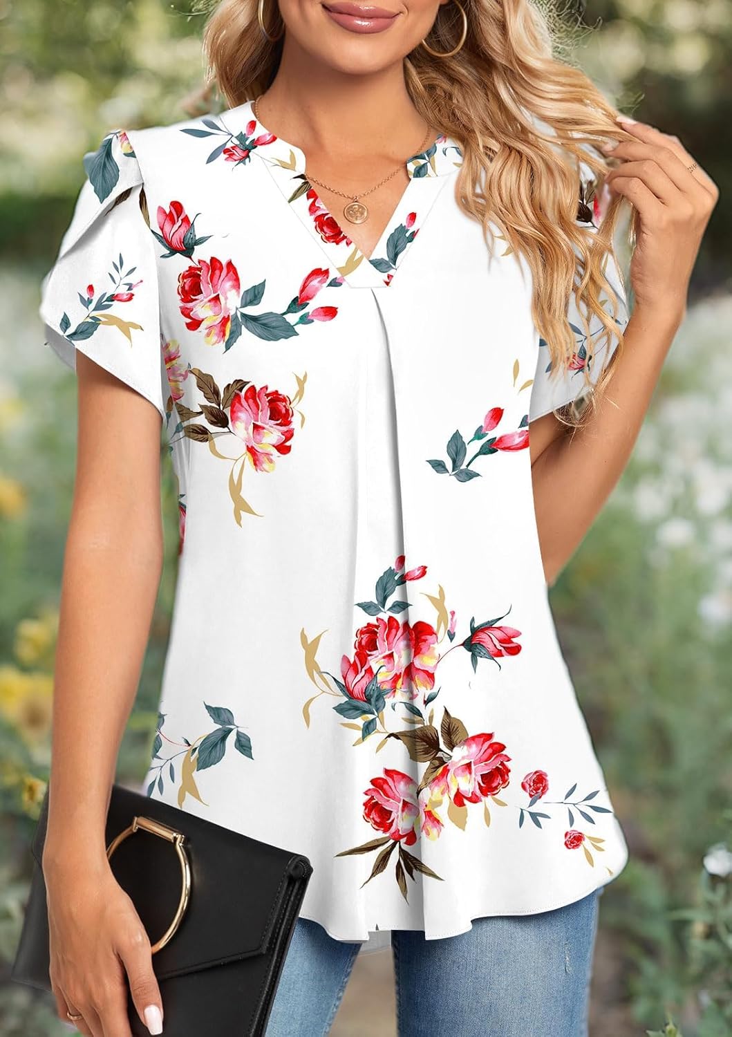 Anyhold Women's Summer Dressy Chiffon Blouse Notch V Neck Petal Sleeve Tops Loose Casual Cute Shirts for Work - Image 6