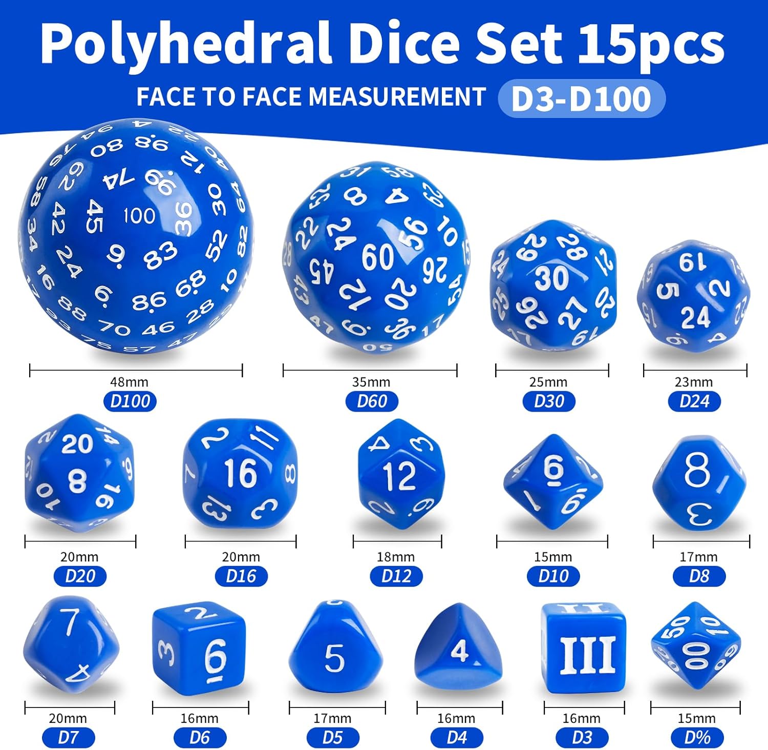 6 Sets Complete Polyhedral Dice Set D3-D100 (15 pcs) for TRPG Tabletop Games (Multi-Color) - Image 2