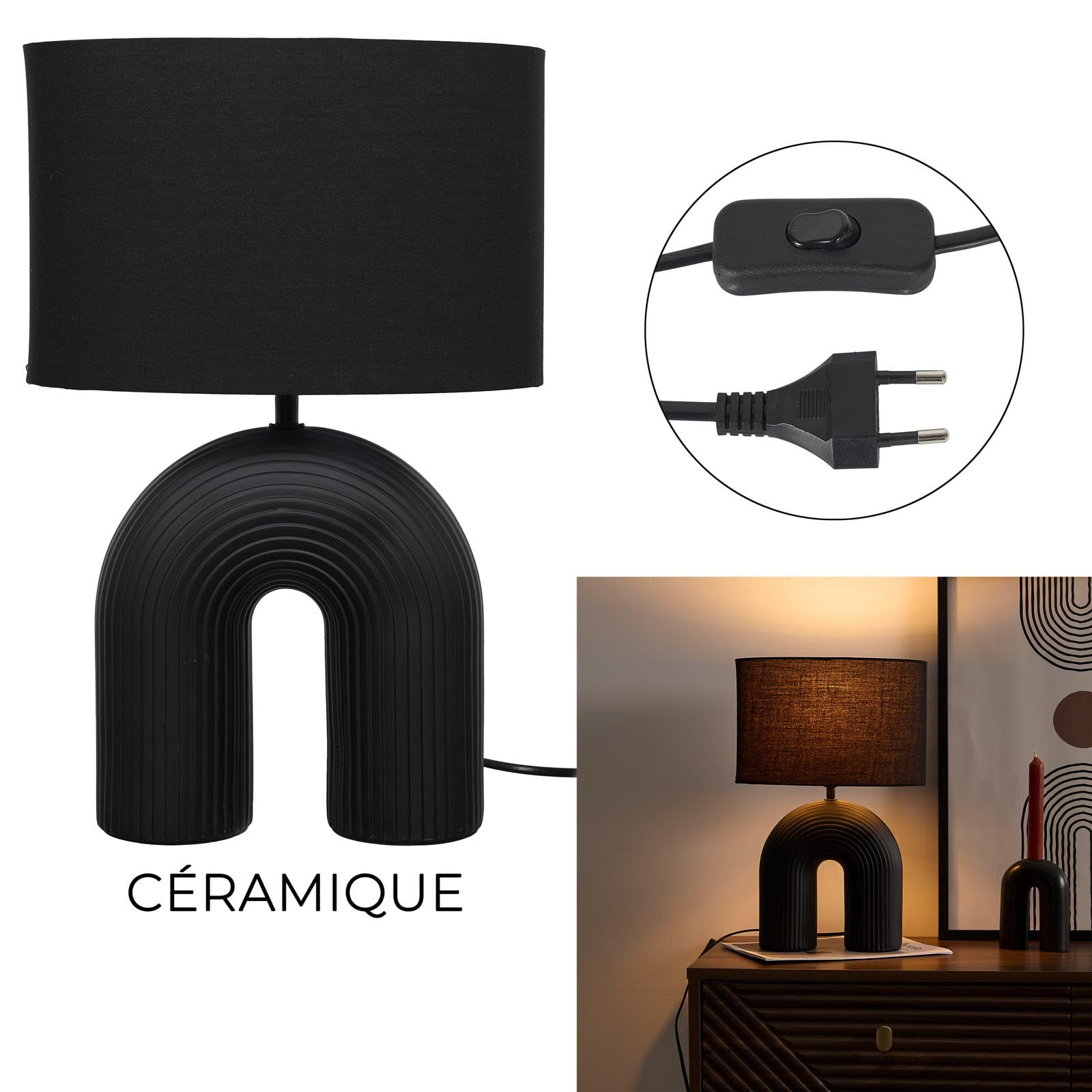 HOME DECO FACTORY Lampe Céramique Design Moderne Variateur d'Intensité Noir