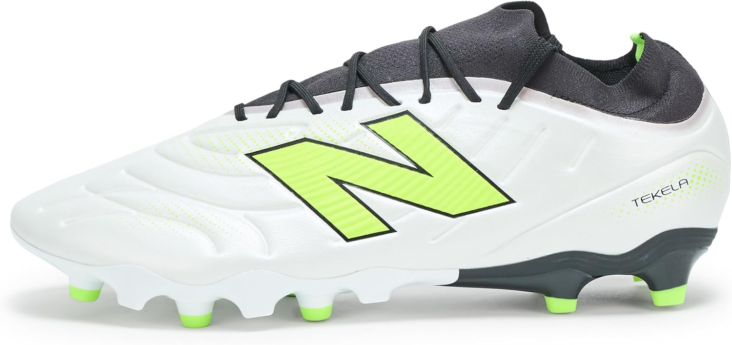 New Balance Unisex-Adult Tekela Team Low Laced FG V5 Soccer Shoe, White/Black/Pixel Green, Men 13 M/Women 14.5 W