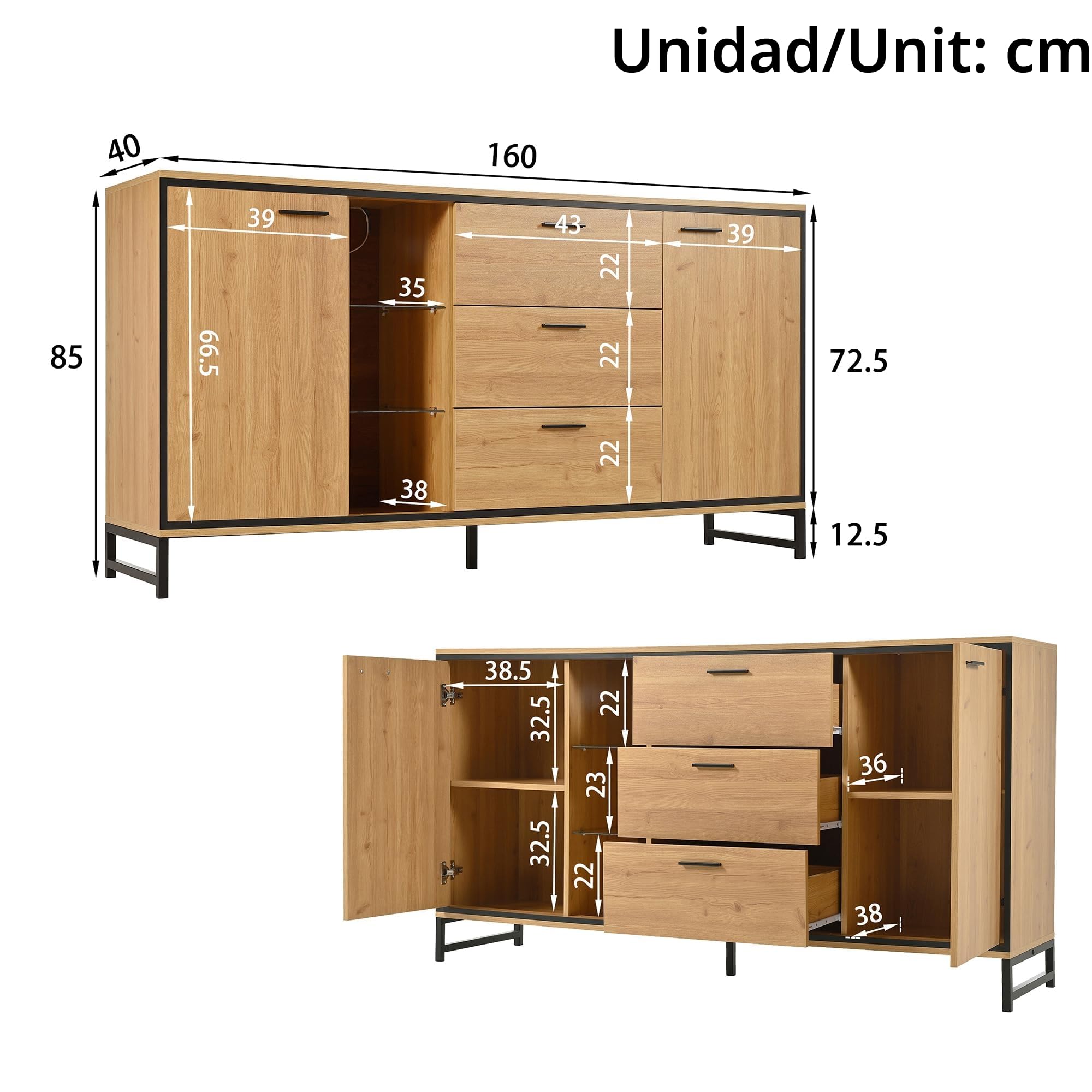 Aparador de tres cajones con dos puertas. Exquisito grano. Aparador moderno en color madera con estantes de almacenamiento – elegante y funcional mobiliario para el hogar. Color madera y negro.