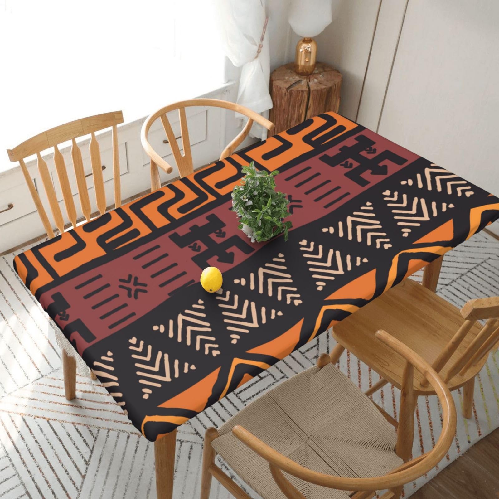 DCEHGEW Elastic Fitted Rectangle Tablecloth for 5ft Tables, African Mud Cloth Tribal Printed Oilproof & Washable Fabric Picnic Table Cloth Table Covers