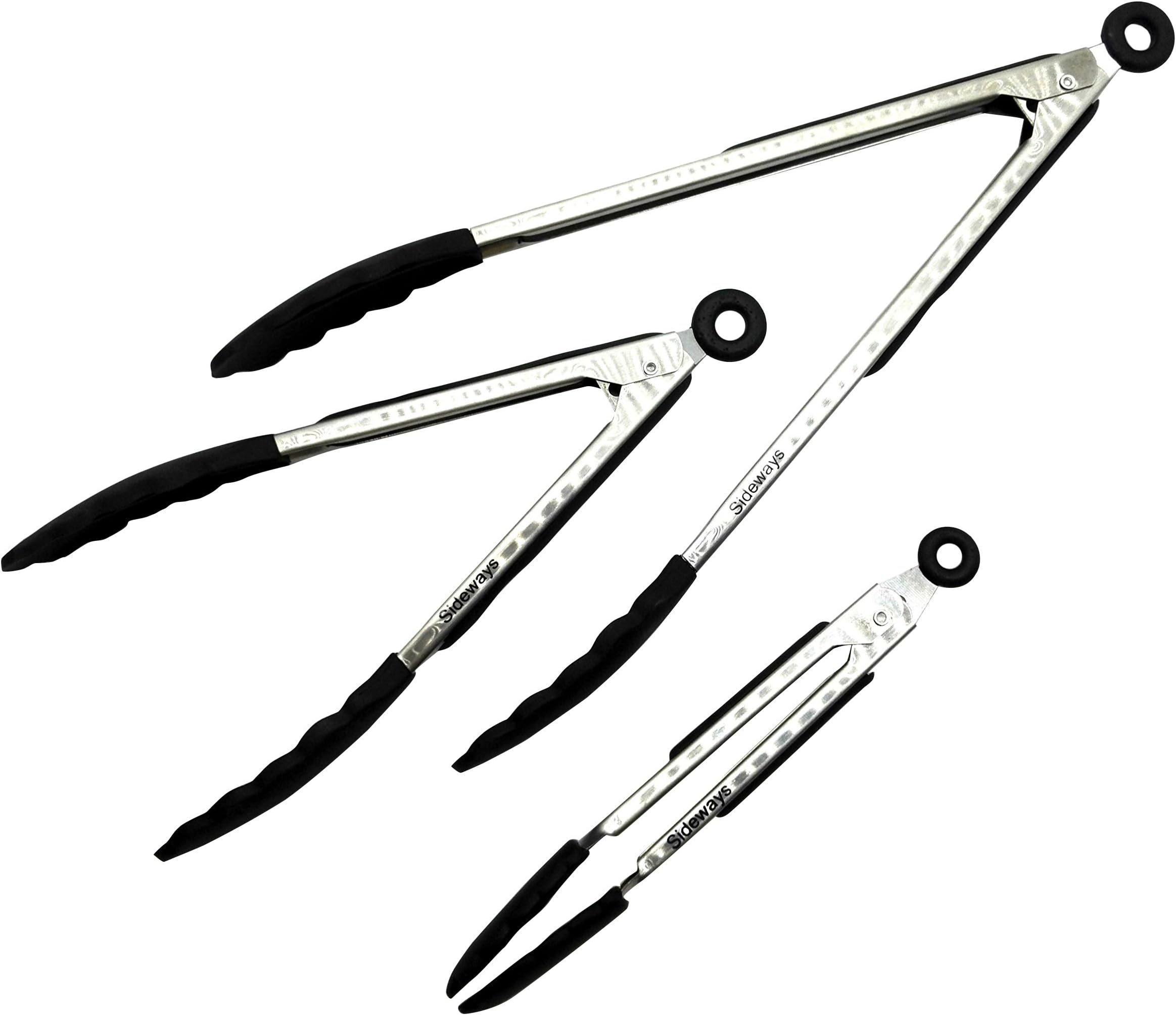 Sideways Silicone Tongs, Set Of 3 X 7In, 9In, 12In Heavy Duty Non-Stick Stainless Steel Kitchen Tongs For Barbeque Cooking Grilling