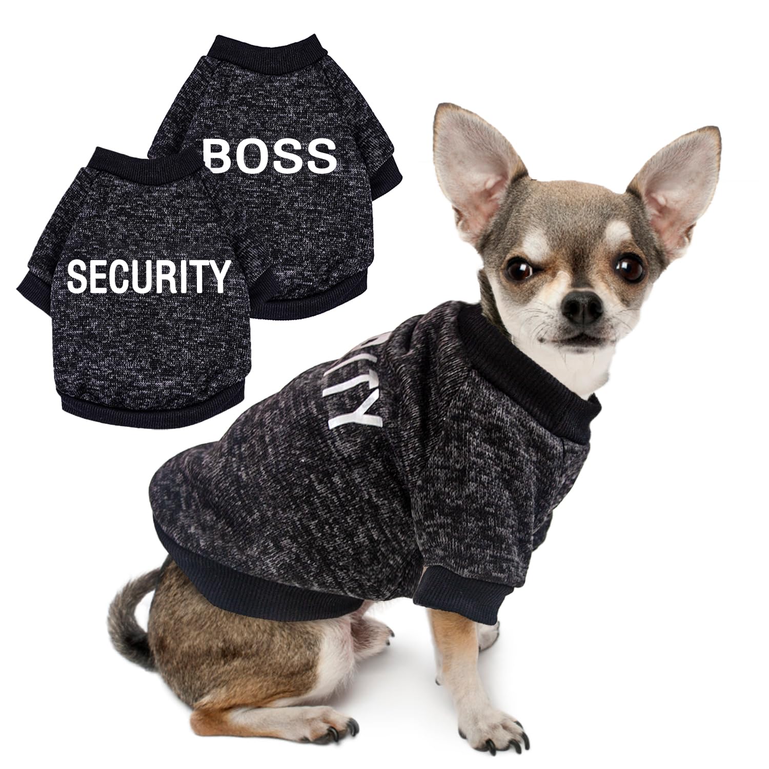 2 Pack Dog Sweaters for Small Dog Black Fleece Dog Sweater Chihuahua Clothes Security Pattern Small Dog Sweatshirt Puppy Clothes Fall Winter Pet Clothing S