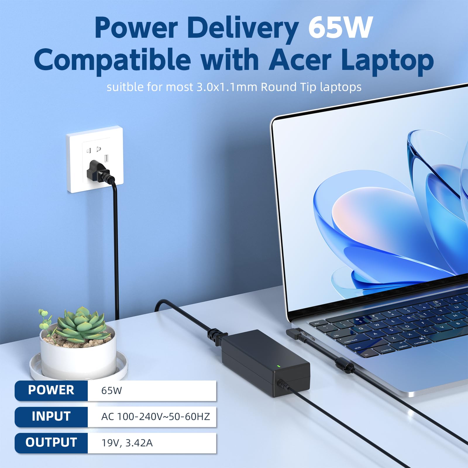 65W Laptop Charger for Acer Chromebook 11 13 14 15 R11 R13 CB3 CB5 C740 C720 C738T C731, Aspire 1 5 A115-31 A115-32 A515-44 A515-54 A515-55 A515-56, Spin 1 3 5 Swift 1 3 Power Supply Cord