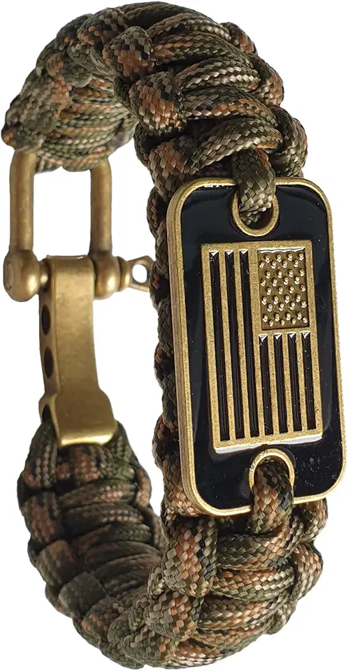 VAYOBOO Pulseira Paracord - Pulseira de sobrevivência tática masculina com bandeira de bronze dos EUA - 3 tamanhos ajustáveis - camuflagem verde, G