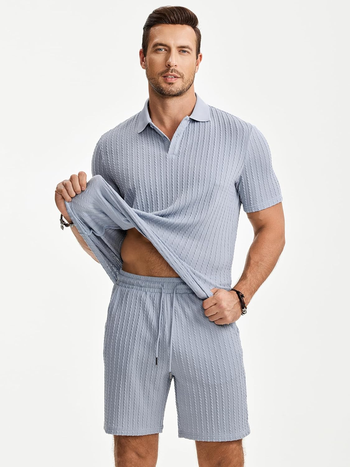 JMIERR Men's Summer Beach Outfits 2 Piece Jacquard Knit Lounge Short Sleeve Shirts & Shorts Vacation Texture Sets - Image 8