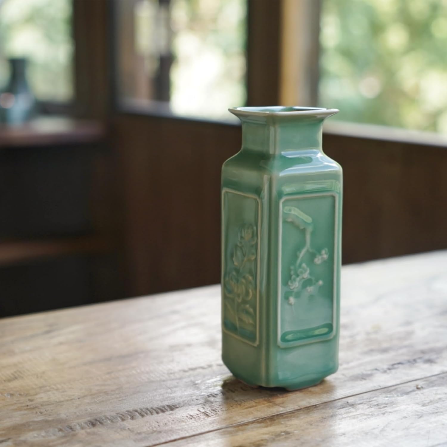 Hand-Signed Square Bud Vase - Four Gentlemen Relief Longquan Celadon - 5.5" Tall Sage Green Ceramic Flower Vase with Premium Gift Box (Artisan Crafted)