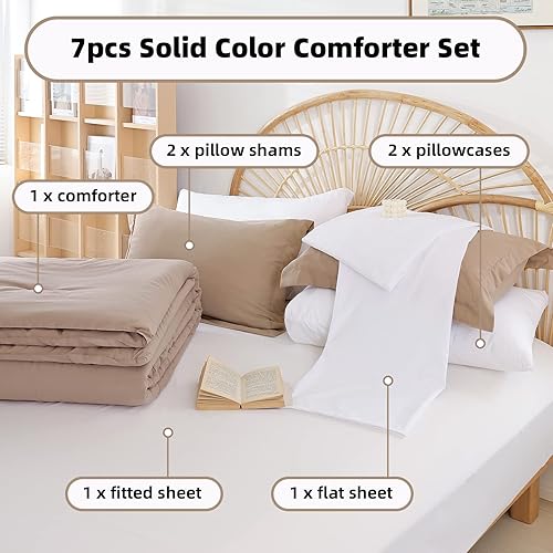 Miniatura 2 de Weigelia - Juego de edredón tamaño matrimonial color taupe de 7 piezas, cama completa en una bolsa, cómodos y ligeros edredones tamaño matrimonial