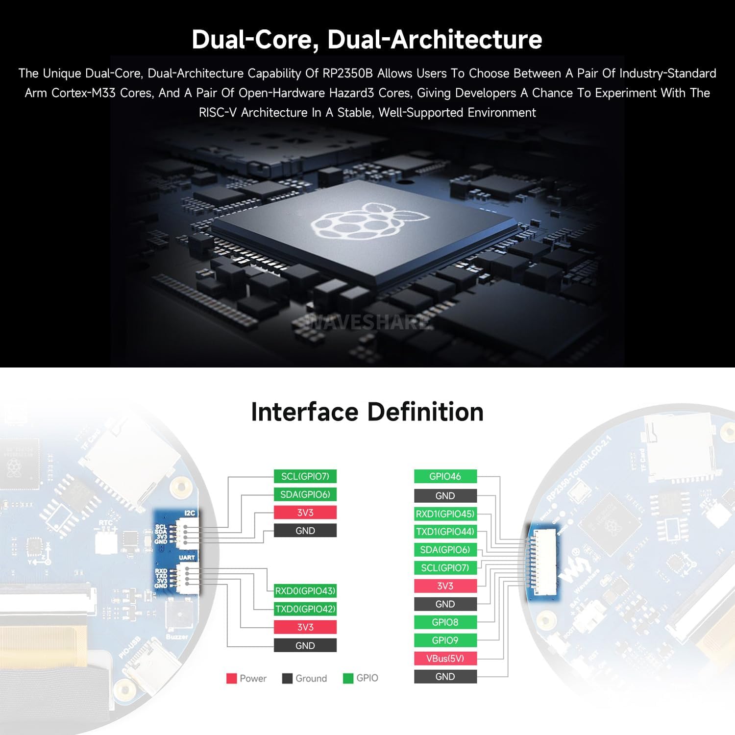 Waveshare RP2350 2.1inch Capacitive Touch Round Display Development Board, 480×480 IPS Panel Display, 65K Color, 2.5D Curved Touch Panel Version
