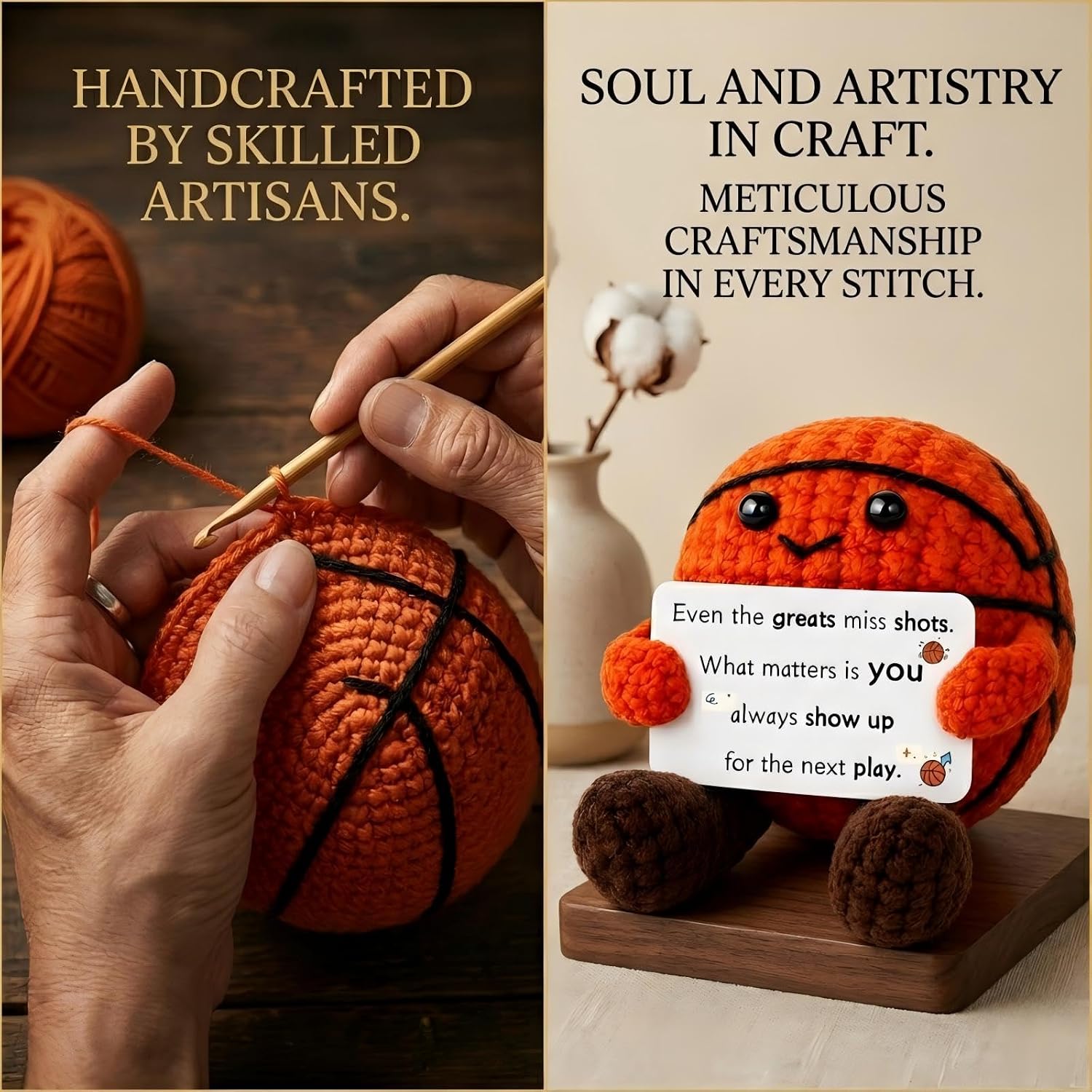 Handmade Crochet Basketball Figurine, 3.15 Inch Soft Knitted Ball Decor with Inspirational Card, Sports Theme Desk Display Collectible for Basketball Fans, Unique Handcrafted Home Accent image 3