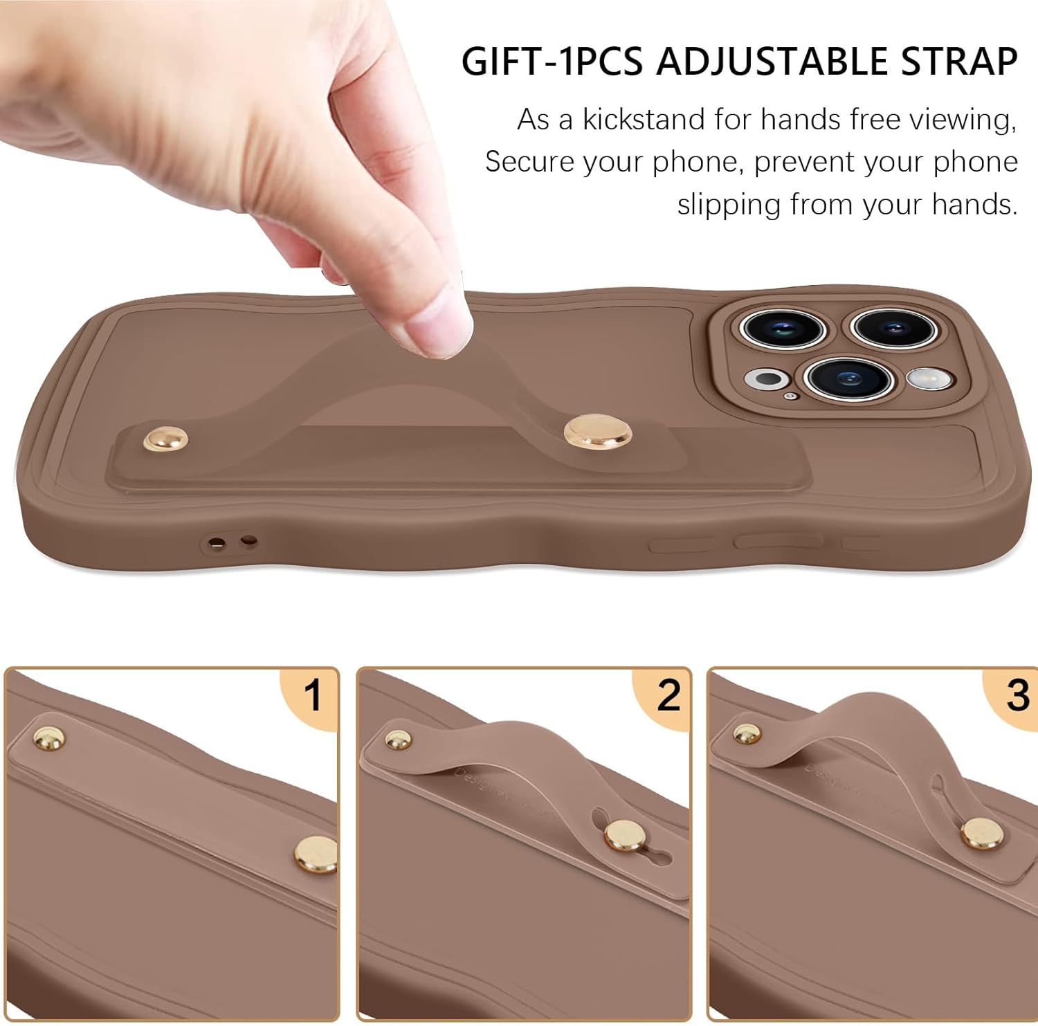 GUAGUA for iPhone 16 Pro Case with Wrist Strap, iPhone 16 Pro Wavy Phone Case, Cute Curly Wave Shape with Adjustable Wristband Kickstand Shockproof Anti Slip Cases for iPhone 16 Pro 6.3'', Brown - Image 2