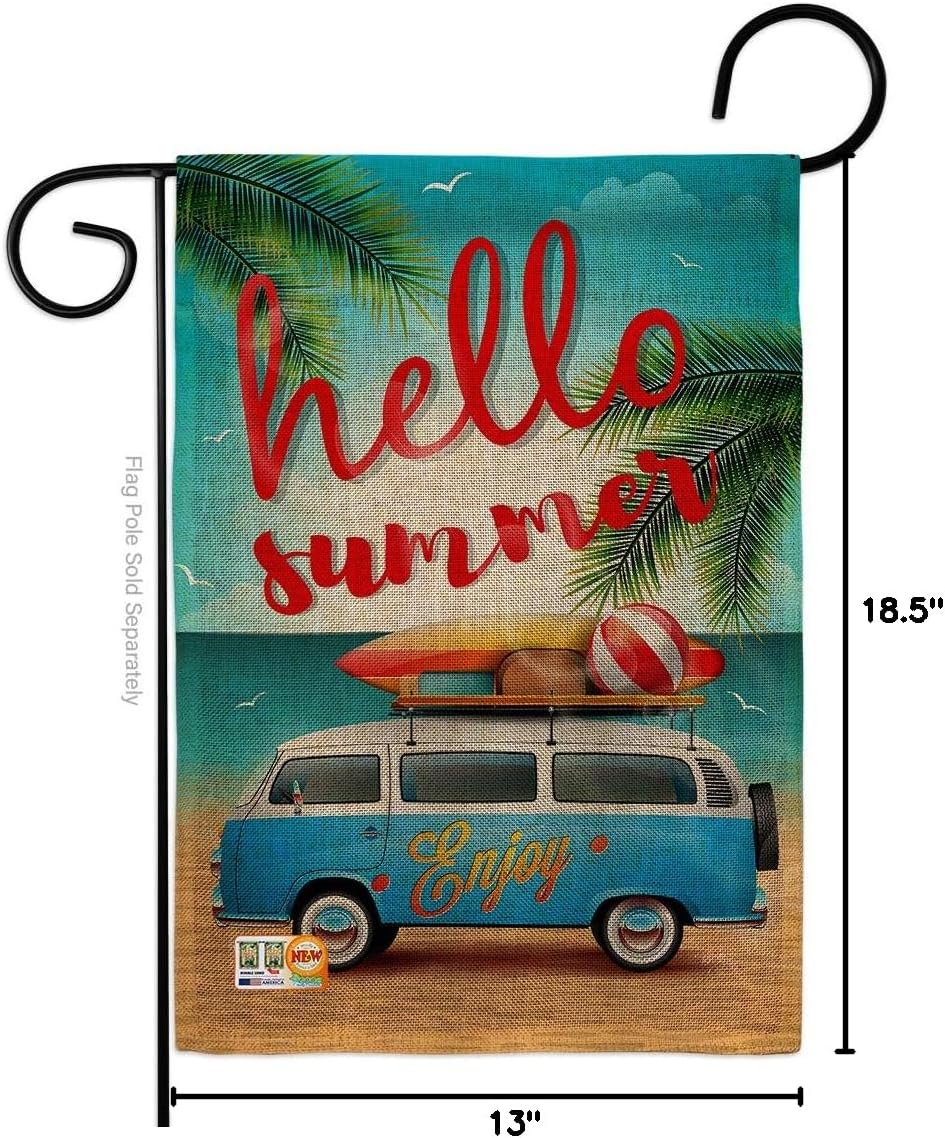 Hello Summer Enjoy Bus Burlap Garden Flag Summertime Fun and Sun Beach Pool Luau Tropical Party Season Outdoor Sunny Small Decorative Gift Yard House Banner Double-Sided Made In USA 13 X 18.5