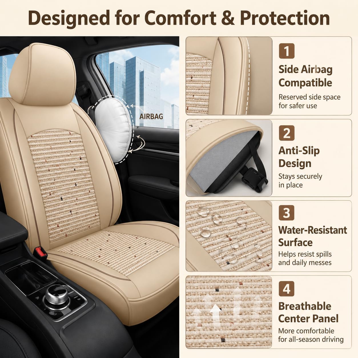 Universal Seat Covers Full Set, Beige Seat Covers for Cars 5 Seats, Car Seat Protector, Ice Silk Seat Cushion, Front and Rear Car Seat Cover Fit for Most Sedans SUV Pick-up Truck