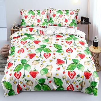 Pink Strawberry Bedding Set King Duvet Cover Sets Cute Comforter Cover Set for Girls Bedroom Kawaii Bed Set