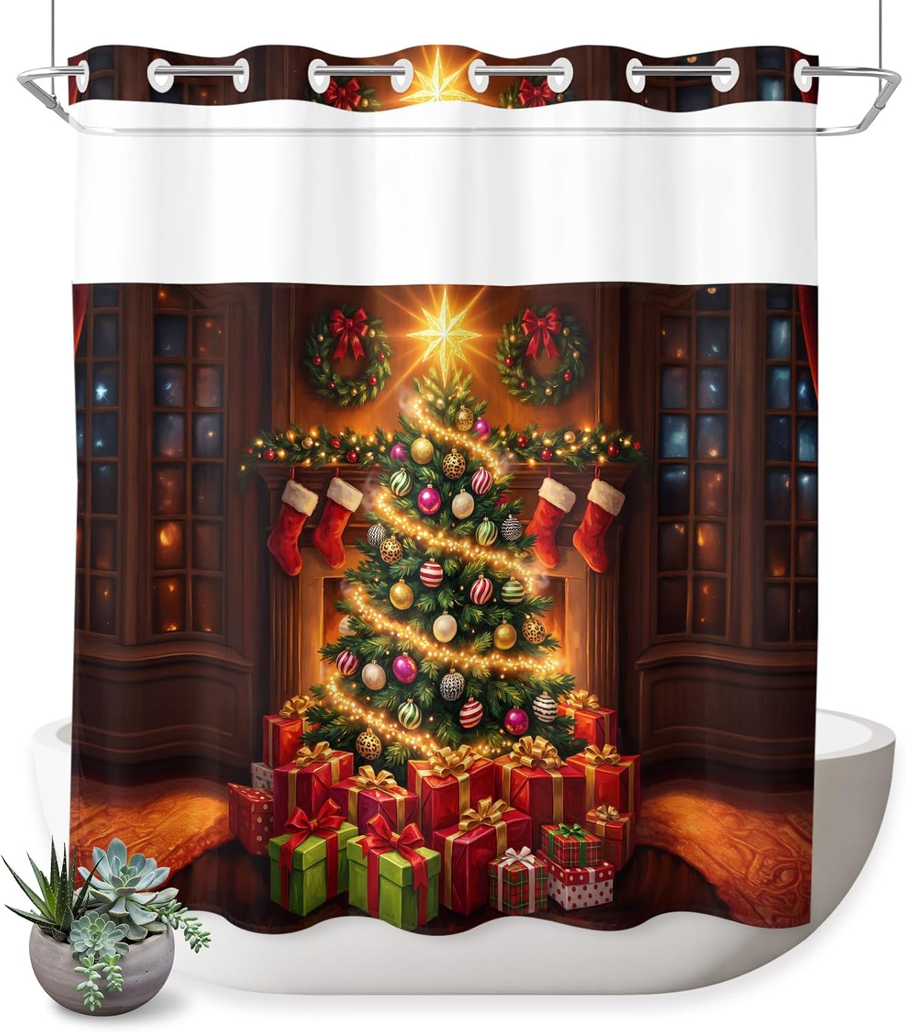 Cozy Christmas No Hook Shower Curtain Classic Xmas Tree Fireplace Stocking Gift Boxes Shower Curtain with See Through Top Window, Waterproof Washable Fabric Curtain for Bathroom Hotel Decor, 66Wx72L