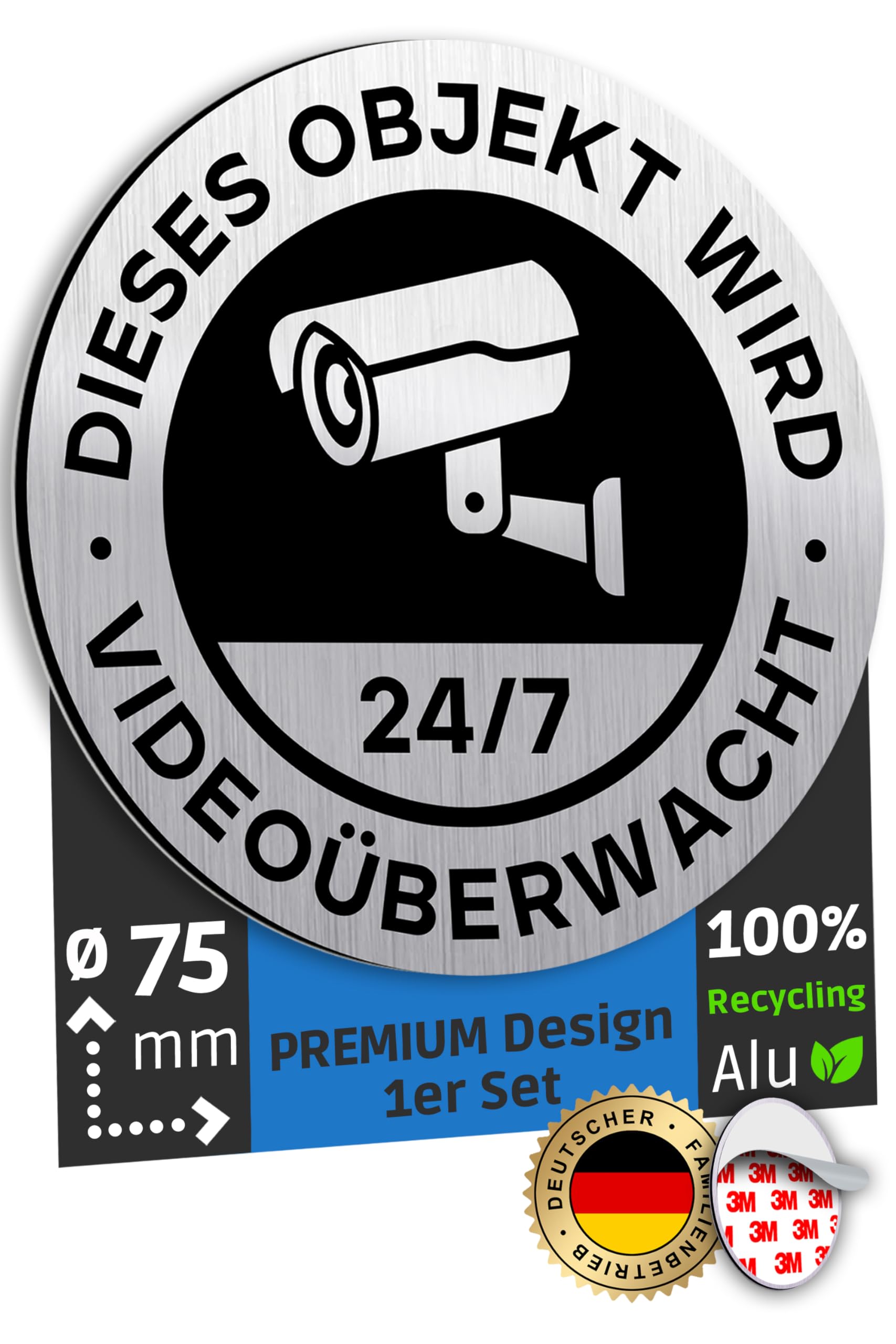 SCHILDERBOXX® Achtung Videoüberwachung Schild Klein [Ø75mm, 100% Alu, 3M Tape] - Aufkleber Kameraüberwachung, Grundstück Videoüberwacht, Video Überwachung Privatgrundstück, Kamera Überwacht