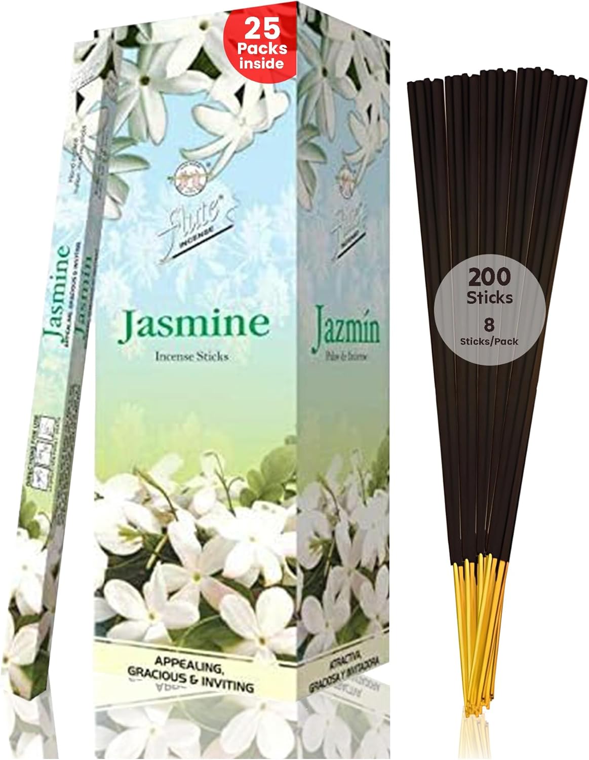 Flute Jasmine Incense Sticks – Delicate Floral Incense for Relaxation, Emotional Comfort & Elegant Living - 8 Sticks/Pack, 25 Packs/Box (9 Inch, 200 Sticks) | 40 Minutes Burn Time