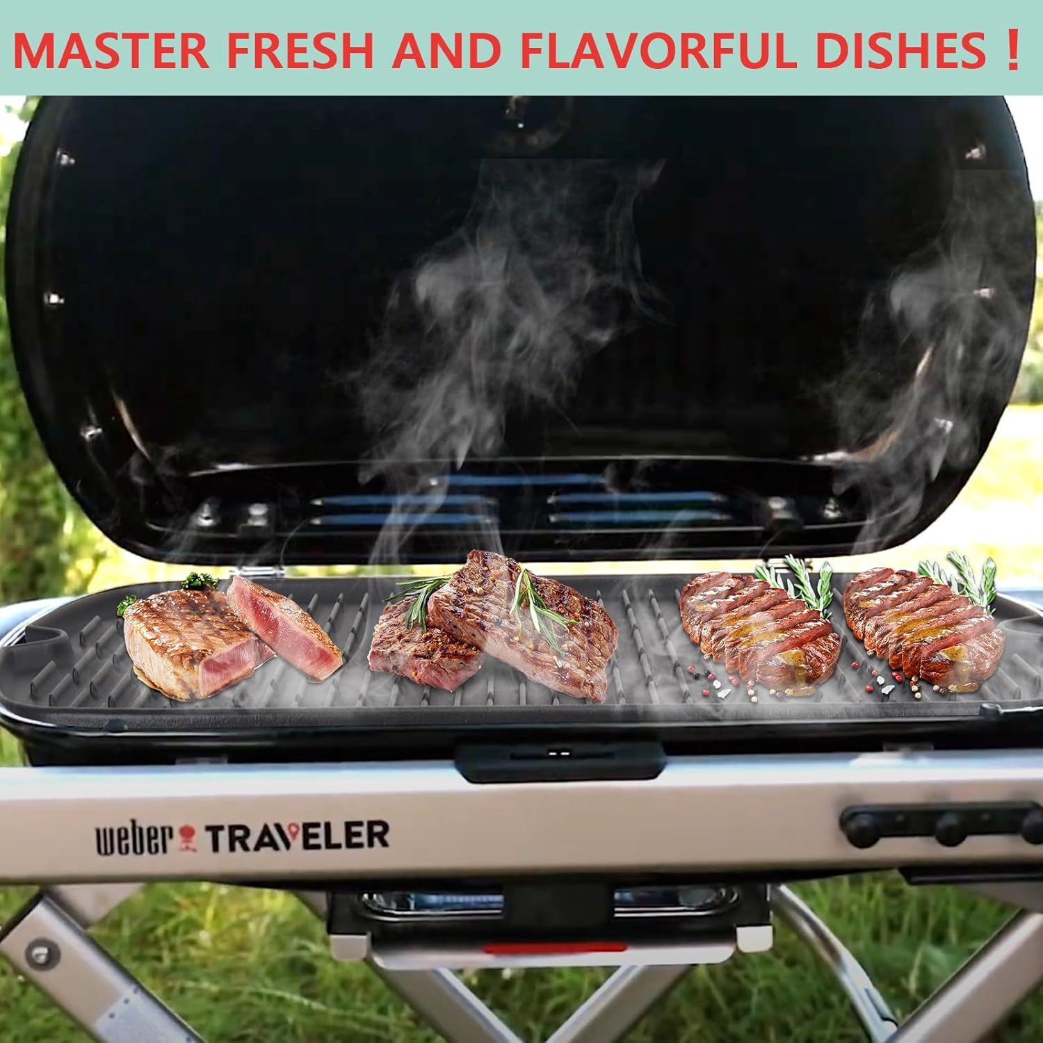 Cast Iron Griddle for Weber Traveler Portable Series Gas Grill 9010001 9013001 9020001 9030001 9011701, Reversible Griddle Insert Replacement Parts for Weber Traveler Grill Accessories with Carry Bag