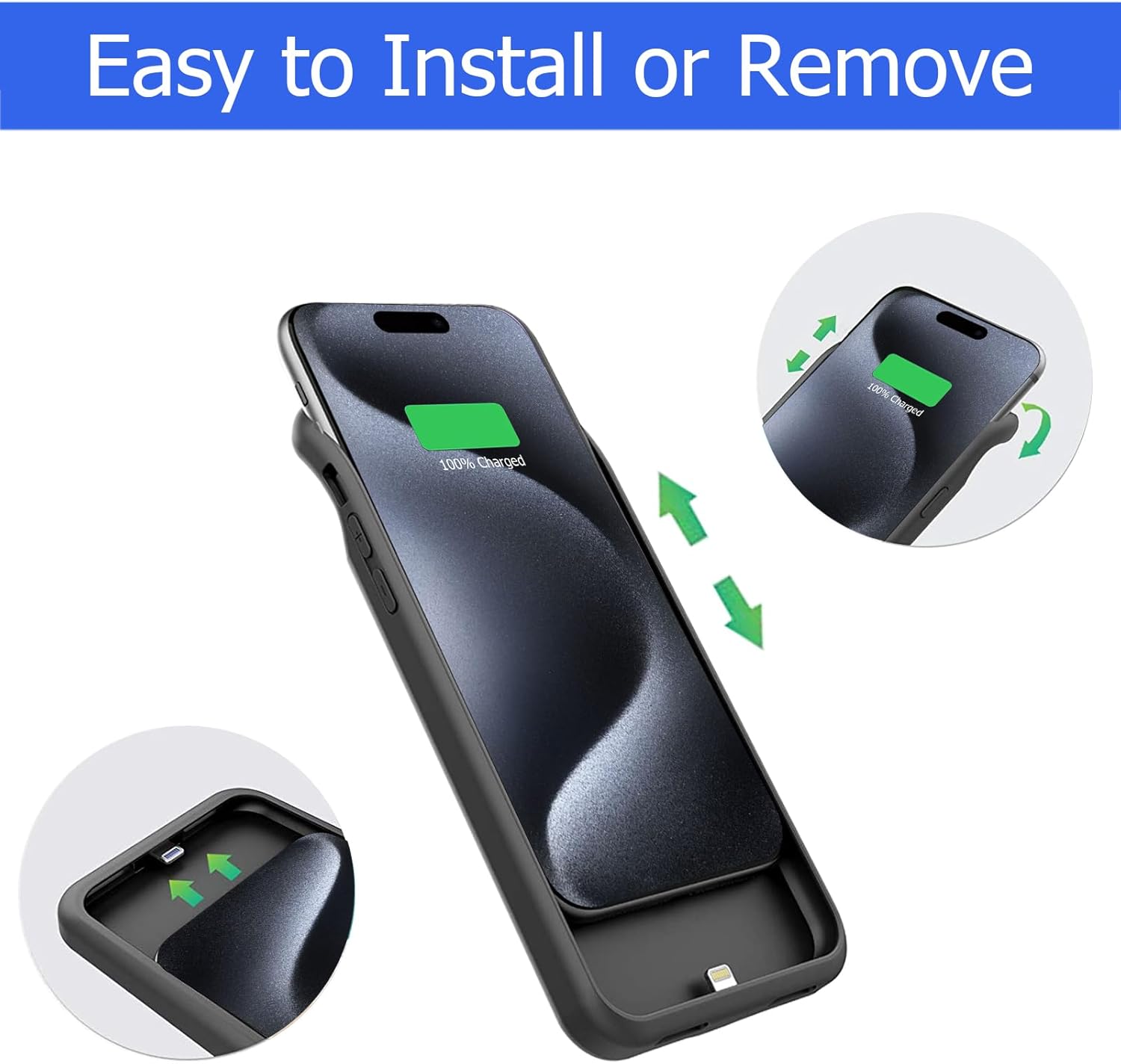 Battery Case for iPhone 15 Pro, [10000mAh] Enhanced Portable Protective Smart Qi Wireless Charger Case Battery Pack with CarPlay Wireless Charging Case Compatible for iPhone 15 Pro (6.1 inch)-Black