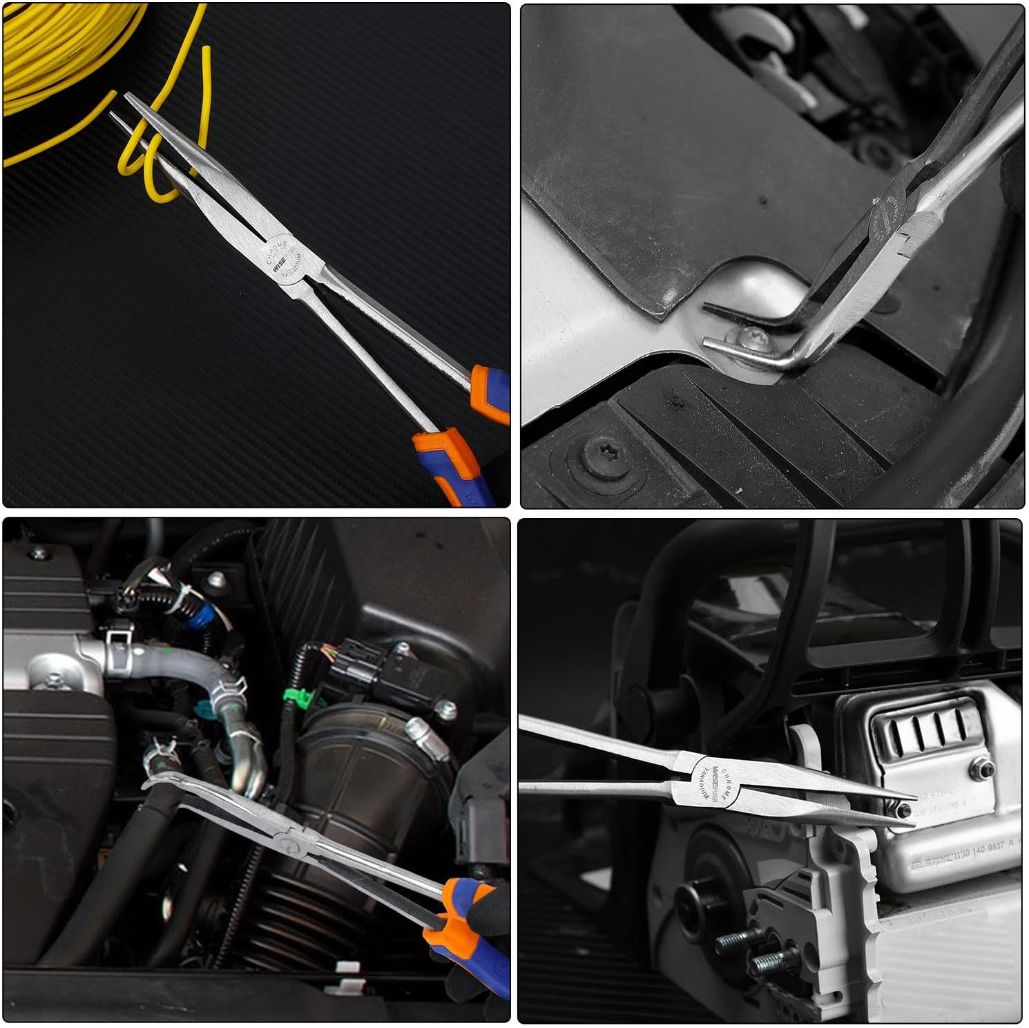 4 PCS 11 Inch Long Reach Pliers Set with Handle, Extra Long Needle Nose Pliers Set with Straight, 45°, 90° Bent Needle Nose and Circle Nose for Narrow Spaces