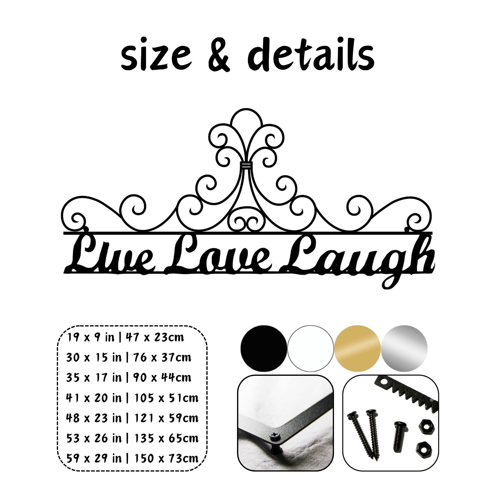 Metallo Argento Live Love Laugh Wall Art Metallo Ornato Scroll Boho Arte Moderna Decorazione Parete Live Love Laugh Opera d'Arte Decorazione Scultura Moderna per Soggiorno Camera da Letto Corridoio e