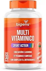 Multivitamínico Sport Action, Cafeína, Arginina, 22 vitaminas e minerais, 30 Cápsulas, Bigens