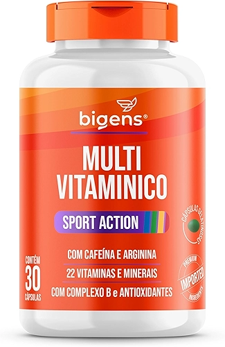 Multivitamínico Sport Action, Cafeína, Arginina, 22 vitaminas e minerais, 30 Cápsulas, Bigens