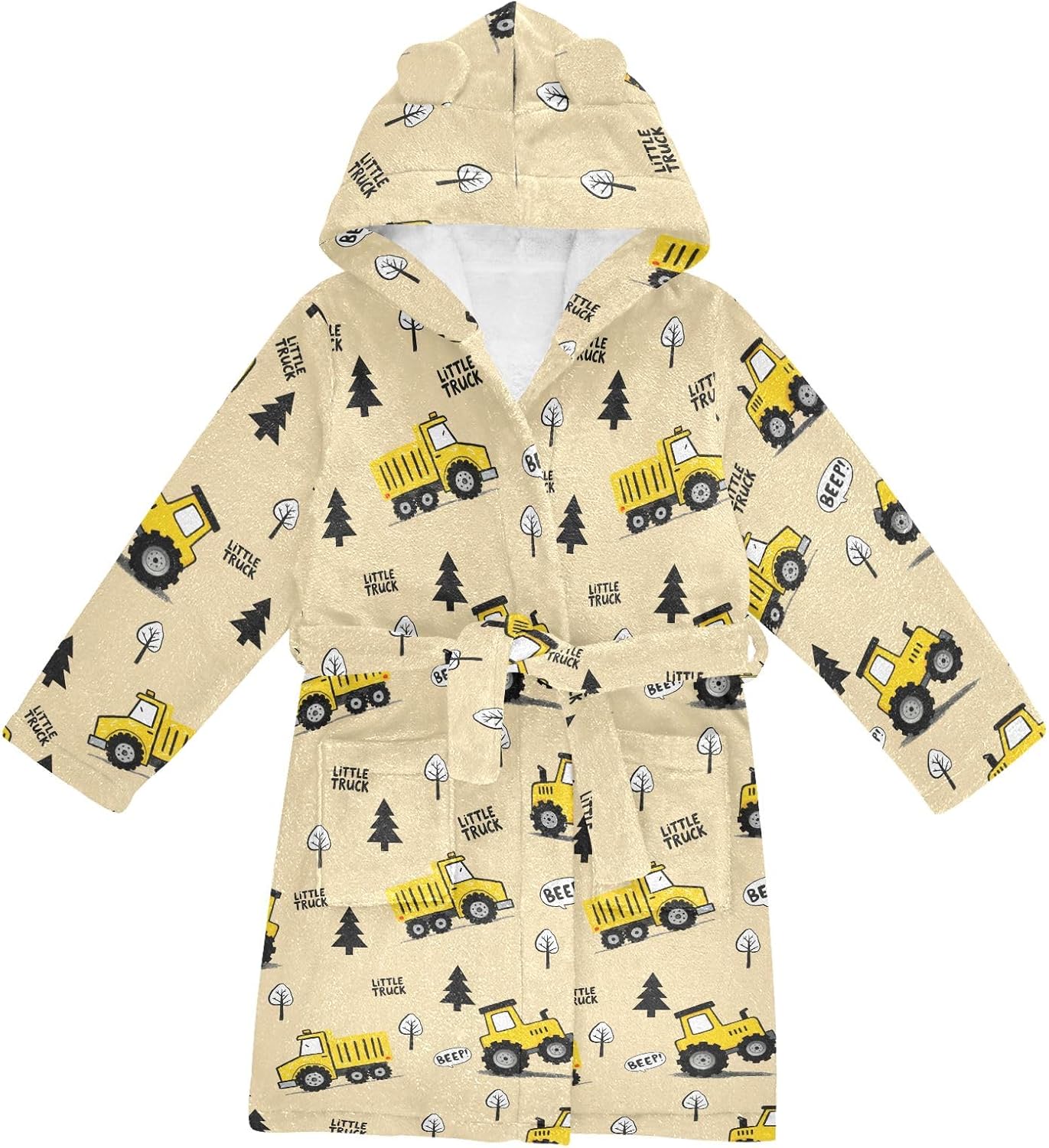 Cute Yellow Truck Cartoon Pattern Toddler Hooded Bathrobe for Boys Girls Soft Plush Bath Towel Robe 2-12 Years