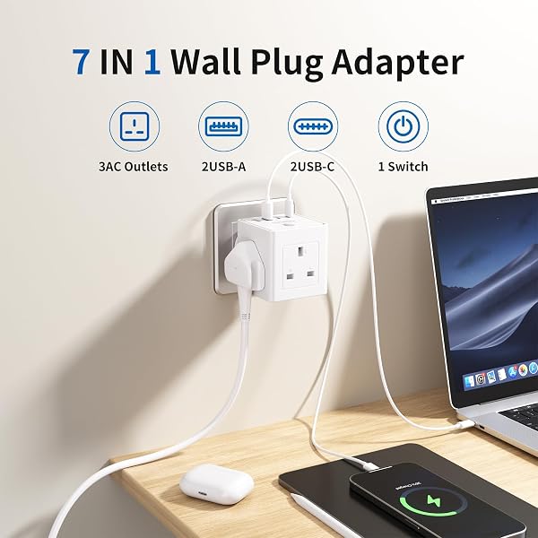 Plug Extension Socket with 4 USB, 3 Way (13A/3250W) Multi Plug Adapter UK, USB Wall Plug Charger, 3 Pin Plug Expander for Home, Office - 2