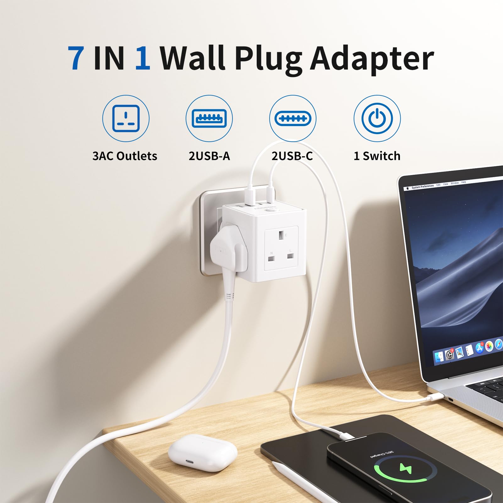 Plug Extension Socket with 4 USB, 3 Way (13A/3250W) Multi Plug Adapter UK, USB Wall Plug Charger, 3 Pin Plug Expander for Home, Office — view 2