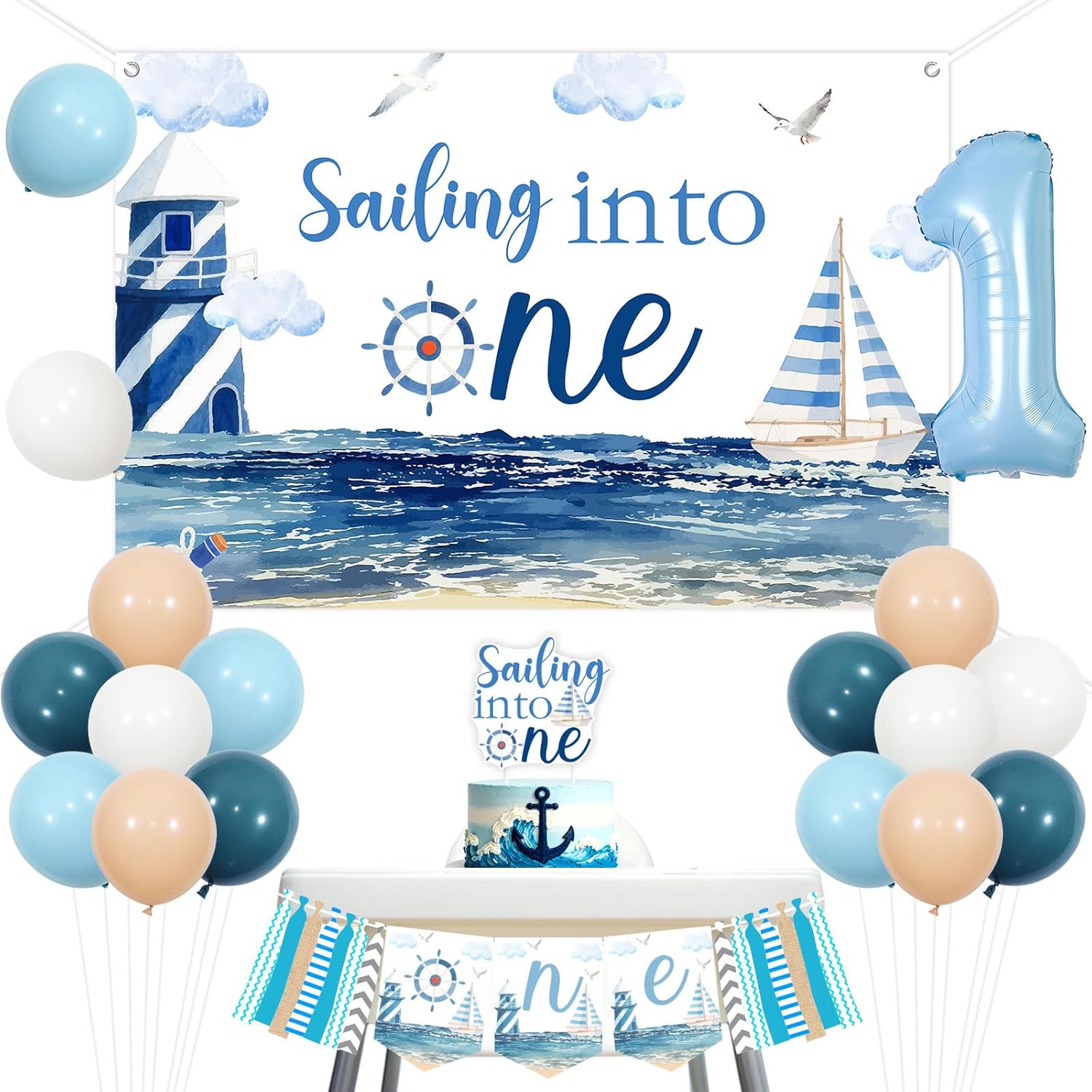 Nautical First Birthday Decorations Sailing Into One Backdrop Cake Topper Nautical 1st Birthday Decoration Highchair Banner Little Captain Ocean Sailor Boat Party Balloon Decors for 1st Bday