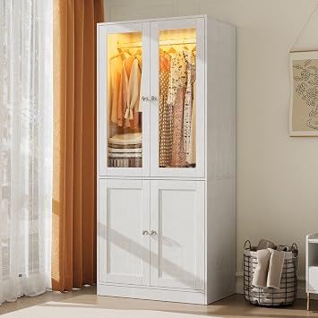 VOWNER 75" Tall Armoire Wardrobe Closet with Drawers & Lights, Clothing Storage Cabinet with 2 Glass Doors & Hanging Rod, Wooden Armoire Storage Cabinet for Bedroom White Oak, 2 Doors