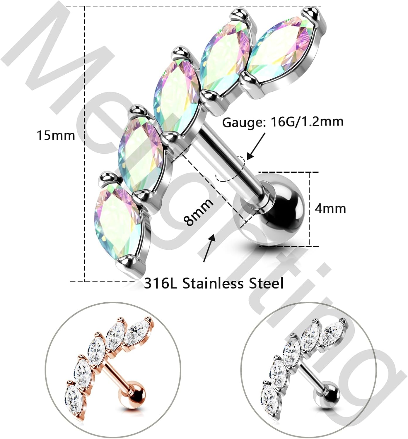 Melighting 16G Helix Earrings Upper Ear Cartilage Earrings Stainless Steel 316L Tragus Piercing Jewelry Clear CZ Conch PIercing Jewelry Earrings Studs for Women Body Piercing Jewelry