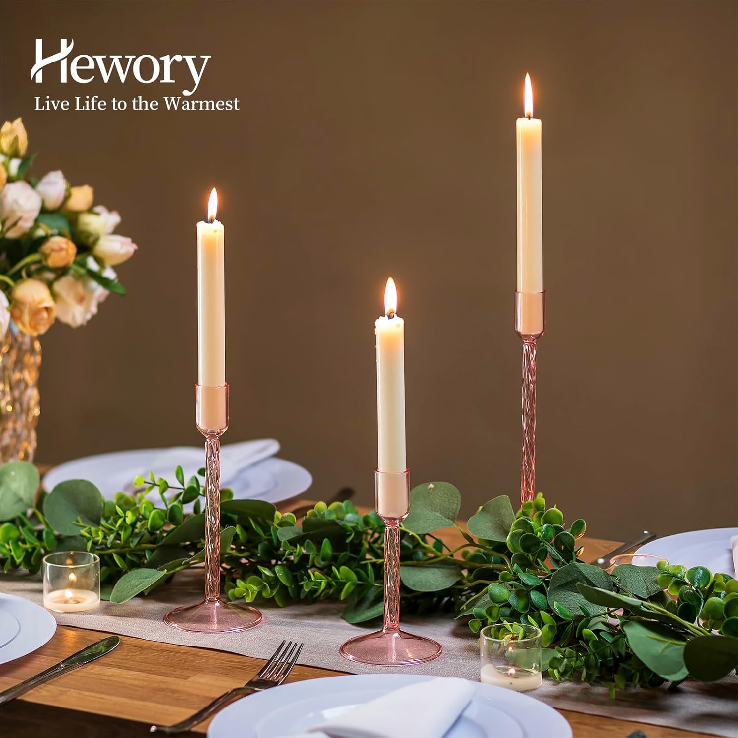 Hewory Glass Taper Candle Holders: 4 Pcs Pink Vintage Candlestick Holders Tall Candle Sticks Holder Decor, Glass Candle Holder for Table Centerpiece Wedding Christmas Advent Holiday Party Decorations - Image 3